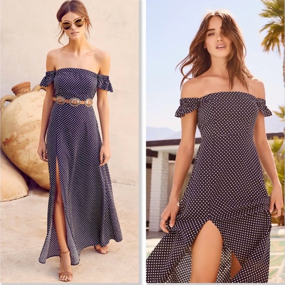 Lulus Navy Polka Dot Off Shoulder Maxi Dress Slit Romantic Summer XS